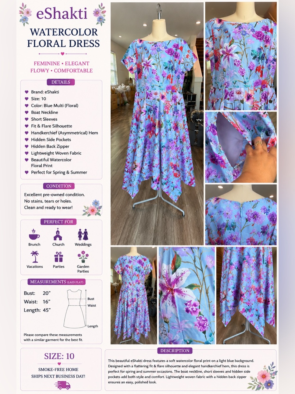 eShakti Light Blue Watercolor Floral Fit-and-Flare Dress